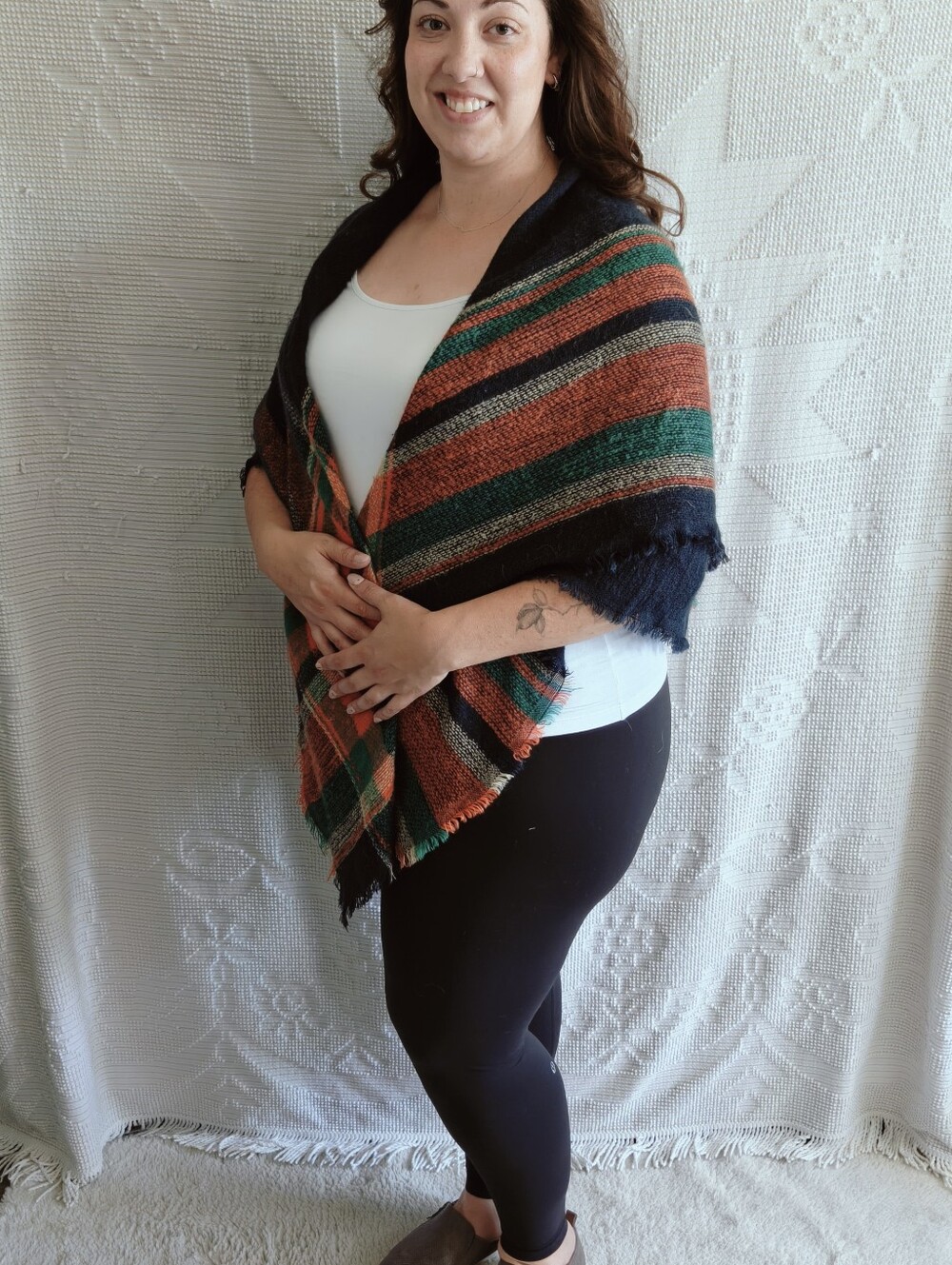 Oversized Plaid Blanket Scarf Shawl | Green Orange Navy| Frayed Trim Fall Tartan